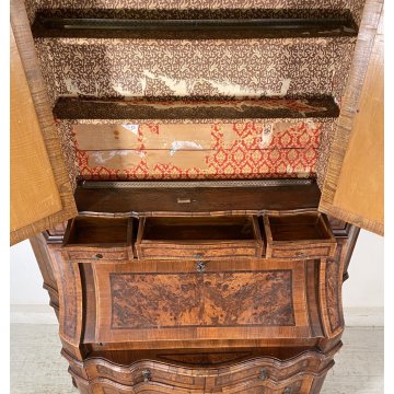 ANTICO TRUMEAU LOMBARDO PRIMI 1900 COMÒ CREDENZA DOPPIO CORPO RIBALTA LEGNO NOCE