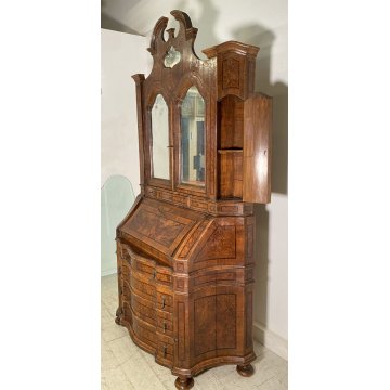 ANTICO TRUMEAU LOMBARDO PRIMI 1900 COMÒ CREDENZA DOPPIO CORPO RIBALTA LEGNO NOCE