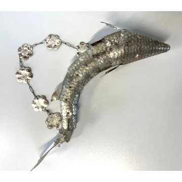 ANTICA SCULTURA PESCE ARTICOLATO SNODATO METALLO ARGENTATO DECORO INCISO ORIENTE