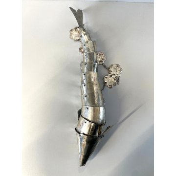 ANTICA SCULTURA PESCE ARTICOLATO SNODATO METALLO ARGENTATO DECORO INCISO ORIENTE
