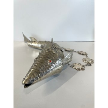 ANTICA SCULTURA PESCE ARTICOLATO SNODATO METALLO ARGENTATO DECORO INCISO ORIENTE