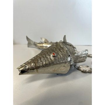 ANTICA SCULTURA PESCE ARTICOLATO SNODATO METALLO ARGENTATO DECORO INCISO ORIENTE