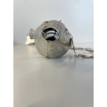ANTICA SCULTURA PESCE ARTICOLATO SNODATO METALLO ARGENTATO DECORO INCISO ORIENTE