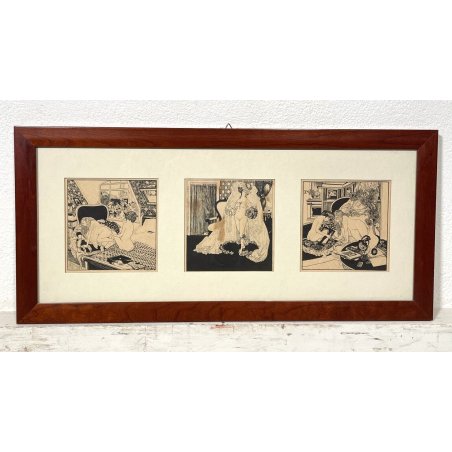 QUADRO TRITTICO EROTICO Franz von Bayros STAMPA NUDO 1800 AUSTRIA BOUDOIR DONNE