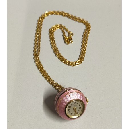 ANTICO OROLOGIO CIONDOLO + CATENA anni 40 ARGENTO 925 SMALTO Rosa Oro GUILLOCHE