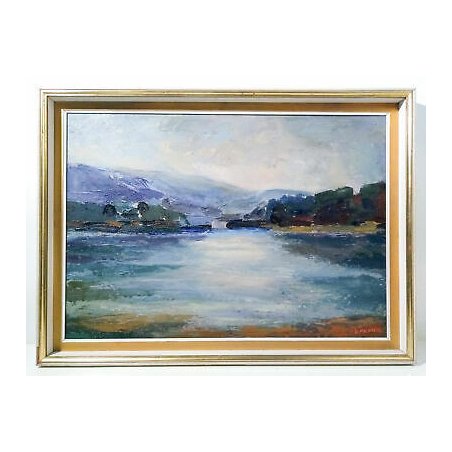 DIPINTO DARIO MELONE MATTINO SUL LAGO MACCHIAIOLO MONTAGNE QUADRO OLIO 1964