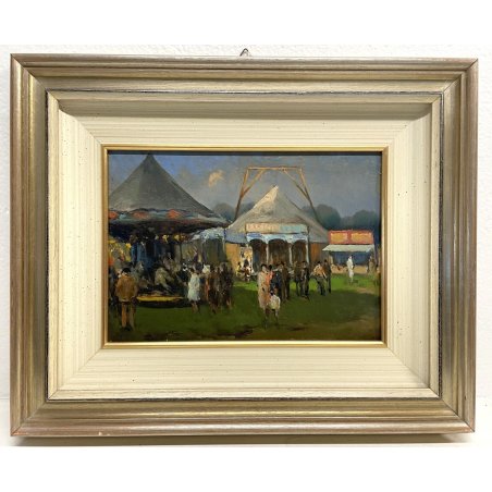 ANTICO DIPINTO OLIO TAVOLA A. Togliati "Fiera di Casorate B." PAESAGGIO FIGURE