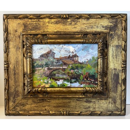 ANTICO DIPINTO OLIO TAVOLA "La Barona Milano" FIRMATO 1929 PAESAGGIO FIUME PONTE