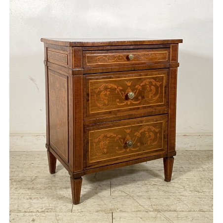 ANTICO COMODINO STILE LUIGI XV PRIMI 1900 LEGNO NOCE INTARSIATO 3 CASSETTI OLD