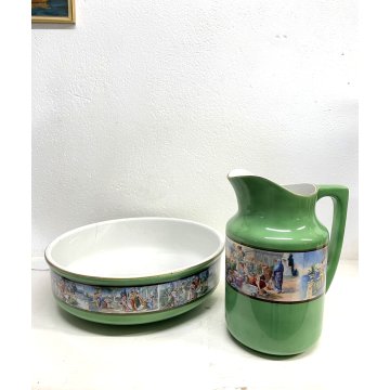 ANTICO SET TOILETTE CERAMICA SCI Laveno CATINO BROCCA VERDE DECORO SCENE POMPEI