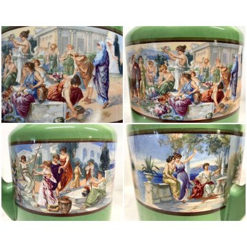 ANTICO SET TOILETTE CERAMICA SCI Laveno CATINO BROCCA VERDE DECORO SCENE POMPEI