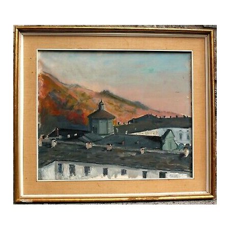ANTICO QUADRO OLIO TELA Ramasco PANORAMA ALBA TETTI SANTUARIO OROPA BIELLA 1957