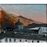 ANTICO QUADRO OLIO TELA Ramasco PANORAMA ALBA TETTI SANTUARIO OROPA BIELLA 1957