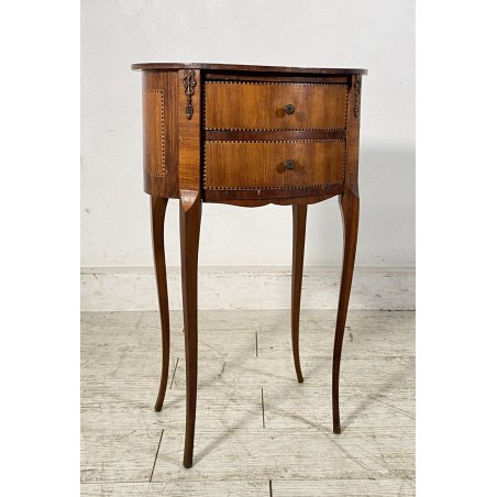 ANTICO COMODINO OVALE LEGNO NOCE INTARSIATO FINE 800 PRIMI 900 2 CASSETTI EPOCA