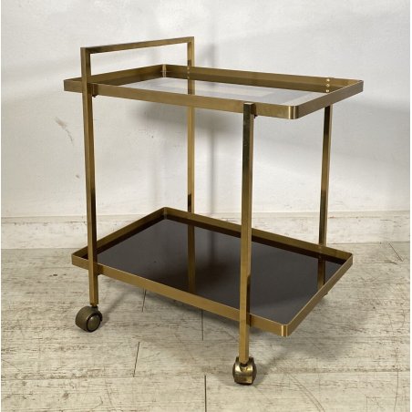 CARRELLO BAR ROTELLE DESIGN ANNI 70 VETRO OTTONE TROLLEY BAR VINTAGE 2 RIPIANI