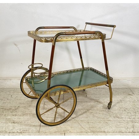 ANTICO CARRELLO BAR DESIGN PORTAVIVANDE ANNI 50 LEGNO OTTONE CARRELLINO VASSOIO
