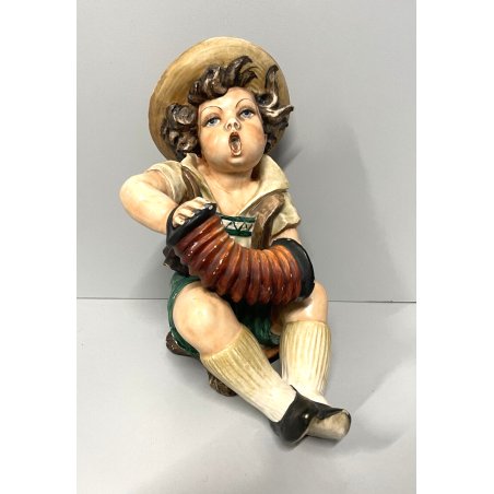 SCULTURA CERAMICA BAMBINO FISARMONICA CAPPELLO FIRMATA MUSICISTA ANNI 30 ITALY