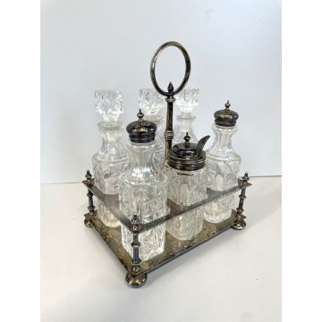 ANTICO SET MENAGE 6 BOTTIGLIE CRISTALLO MOLATO SILVER PLATED VITTORIANO STAND