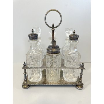 ANTICO SET MENAGE 6 BOTTIGLIE CRISTALLO MOLATO SILVER PLATED VITTORIANO STAND