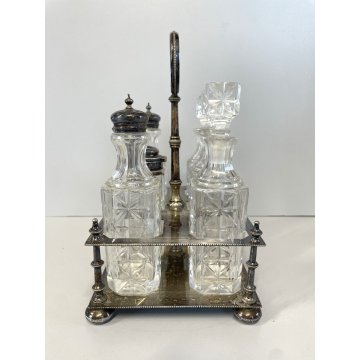 ANTICO SET MENAGE 6 BOTTIGLIE CRISTALLO MOLATO SILVER PLATED VITTORIANO STAND