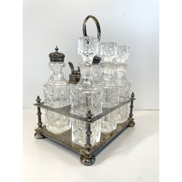 ANTICO SET MENAGE 6 BOTTIGLIE CRISTALLO MOLATO SILVER PLATED VITTORIANO STAND