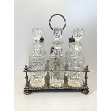 ANTICO SET MENAGE 6 BOTTIGLIE CRISTALLO MOLATO SILVER PLATED VITTORIANO STAND