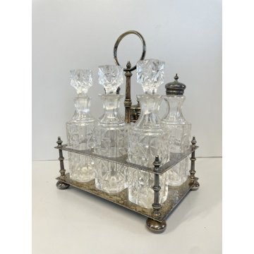 ANTICO SET MENAGE 6 BOTTIGLIE CRISTALLO MOLATO SILVER PLATED VITTORIANO STAND