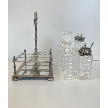 ANTICO SET MENAGE 6 BOTTIGLIE CRISTALLO MOLATO SILVER PLATED VITTORIANO STAND