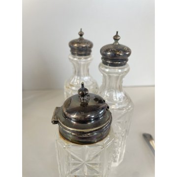 ANTICO SET MENAGE 6 BOTTIGLIE CRISTALLO MOLATO SILVER PLATED VITTORIANO STAND