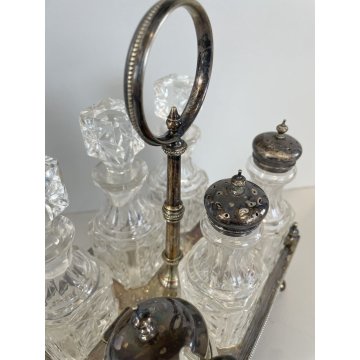 ANTICO SET MENAGE 6 BOTTIGLIE CRISTALLO MOLATO SILVER PLATED VITTORIANO STAND