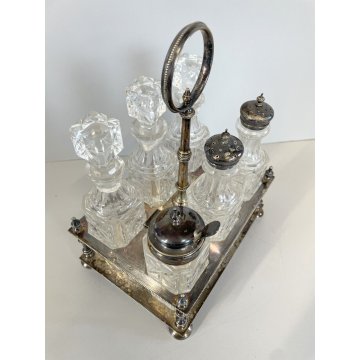 ANTICO SET MENAGE 6 BOTTIGLIE CRISTALLO MOLATO SILVER PLATED VITTORIANO STAND