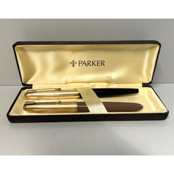 COPPIA PENNA PARKER 51 e 45 STILOGRAFICA FOUNTAIN PEN DORATA FUNZIONANTE anni 70