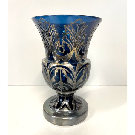 ANTICA COPPA CRISTALLO BLUE TRASPARENTE INCASTONATA ARGENTO BIEDERMEIER 15 cm/h