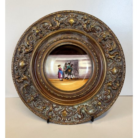 PIATTO PARATA CERAMICA CORNICE RAME SBALZATO DIPINTO SCENA di CACCIA INIZIO '900
