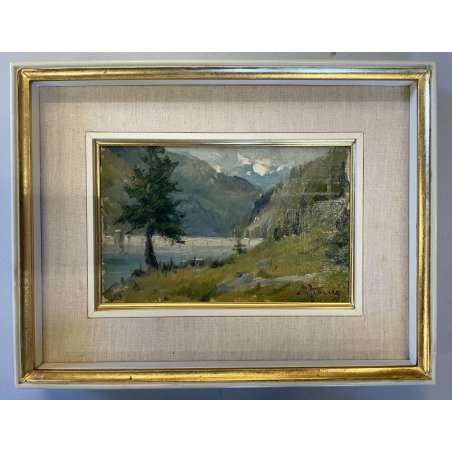 QUADRO OLIO TELA PAESAGGIO MONTANO LAGO ARTIFICIALE ALTA VALTELLINA Firmato '900
