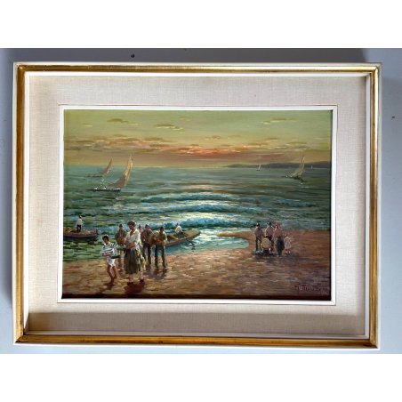 QUADRO OLIO Giovanni Morello PAESAGGIO MARINA PESCATORI GOLFO di PALERMO SICILIA