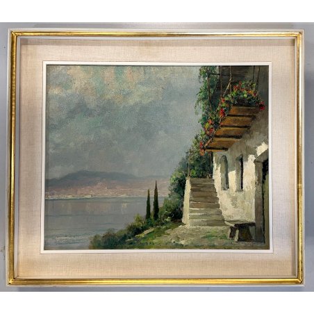 QUADRO OLIO TELA Firmato PAESAGGIO Lago Maggiore CASALE BALLATOIO FIORITO '900
