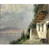 QUADRO OLIO TELA Firmato PAESAGGIO Lago Maggiore CASALE BALLATOIO FIORITO '900
