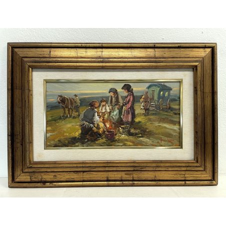 ANTICO QUADRO DIPINTO OLIO E. Scudiero GITANI FUOCO PAESAGGIO CAROVANA CAVALLO