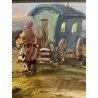 ANTICO QUADRO DIPINTO OLIO E. Scudiero GITANI FUOCO PAESAGGIO CAROVANA CAVALLO