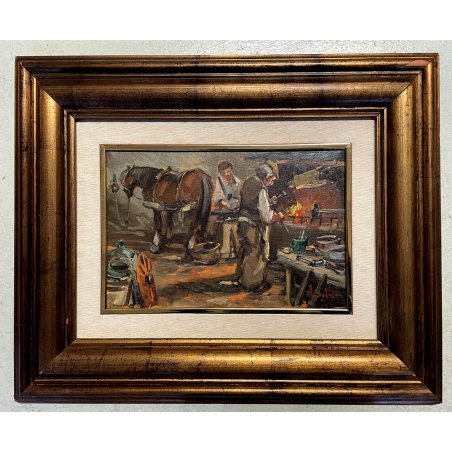 ANTICO QUADRO DIPINTO OLIO E. Scudiero MANISCALCO FUOCO CAVALLO BUTTERI TOSCANA
