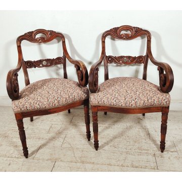 ANTICA COPPIA POLTRONA Impero 1800 IMBOTTITA legno NOCE stoffa MISSONI sedia