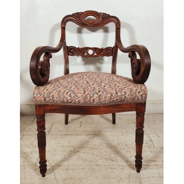 ANTICA COPPIA POLTRONA Impero 1800 IMBOTTITA legno NOCE stoffa MISSONI sedia