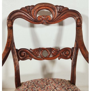 ANTICA COPPIA POLTRONA Impero 1800 IMBOTTITA legno NOCE stoffa MISSONI sedia