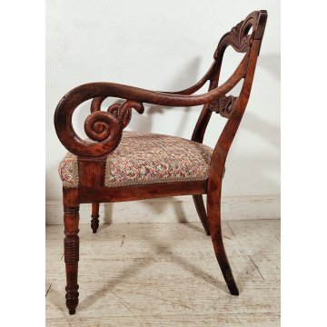 ANTICA COPPIA POLTRONA Impero 1800 IMBOTTITA legno NOCE stoffa MISSONI sedia