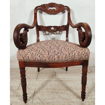 ANTICA COPPIA POLTRONA Impero 1800 IMBOTTITA legno NOCE stoffa MISSONI sedia