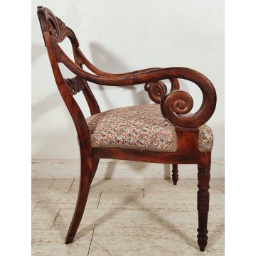 ANTICA COPPIA POLTRONA Impero 1800 IMBOTTITA legno NOCE stoffa MISSONI sedia