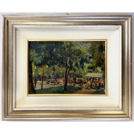 ANTICO DIPINTO OLIO TAVOLA A. Togliati "Fiera dei cani Giardini Milano"