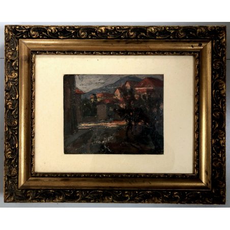 ANTICO QUADRO OLIO Pompeo Mariani BORGO PAESE PAESAGGIO VEDUTA Gignese TRAMONTO