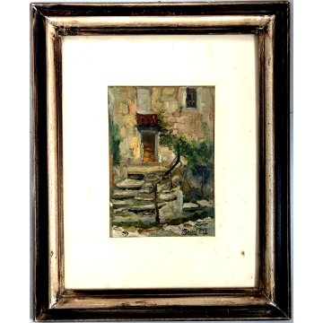 ANTICO QUADRO OLIO Pompeo Mariani "Miazzina" PAESAGGIO SCORCIO CASA RURALE 1917